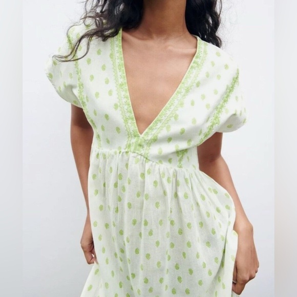 ZARA Embroidered Rustic Tunic Midi Dress Beach Cover Up White/Green Sz M - Picture 1 of 14